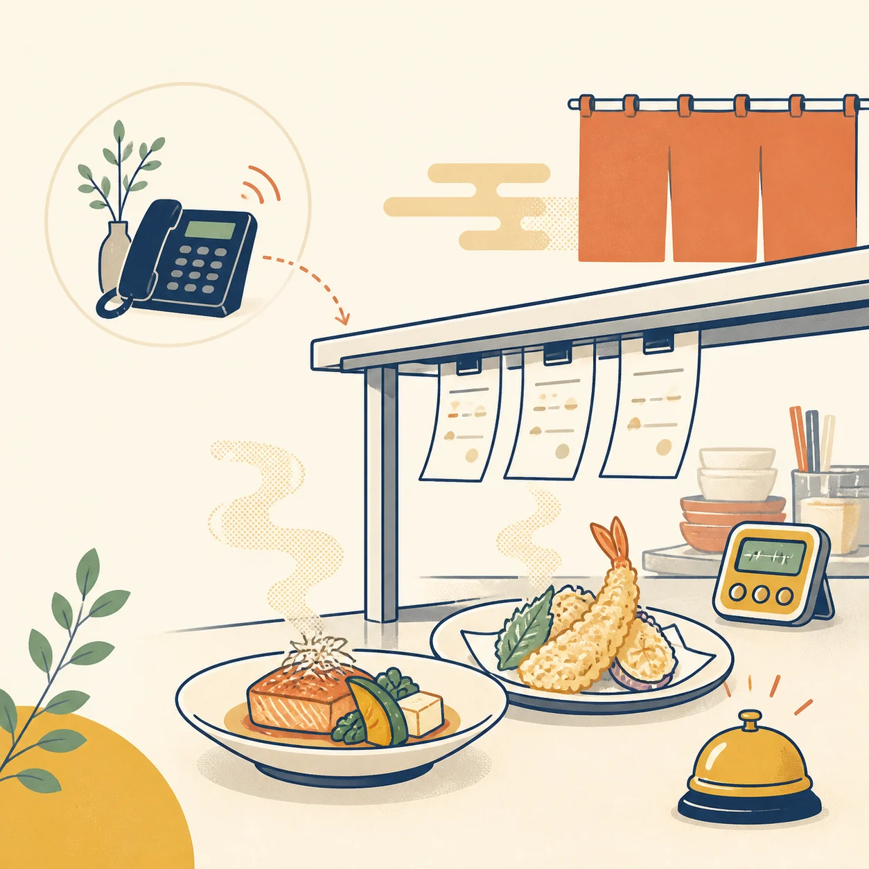 店の電話をAIへ任せ、スタッフが料理の提供を続けるイラスト