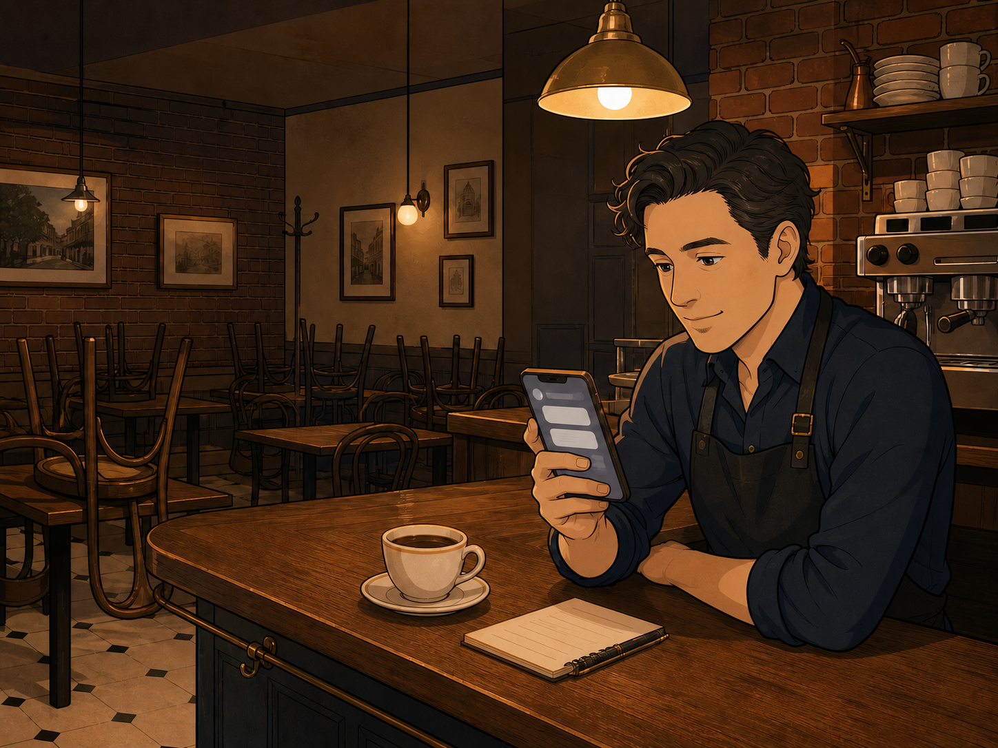 店内で店舗スタッフがスマートフォンに届いた通知を確認しているイメージ
