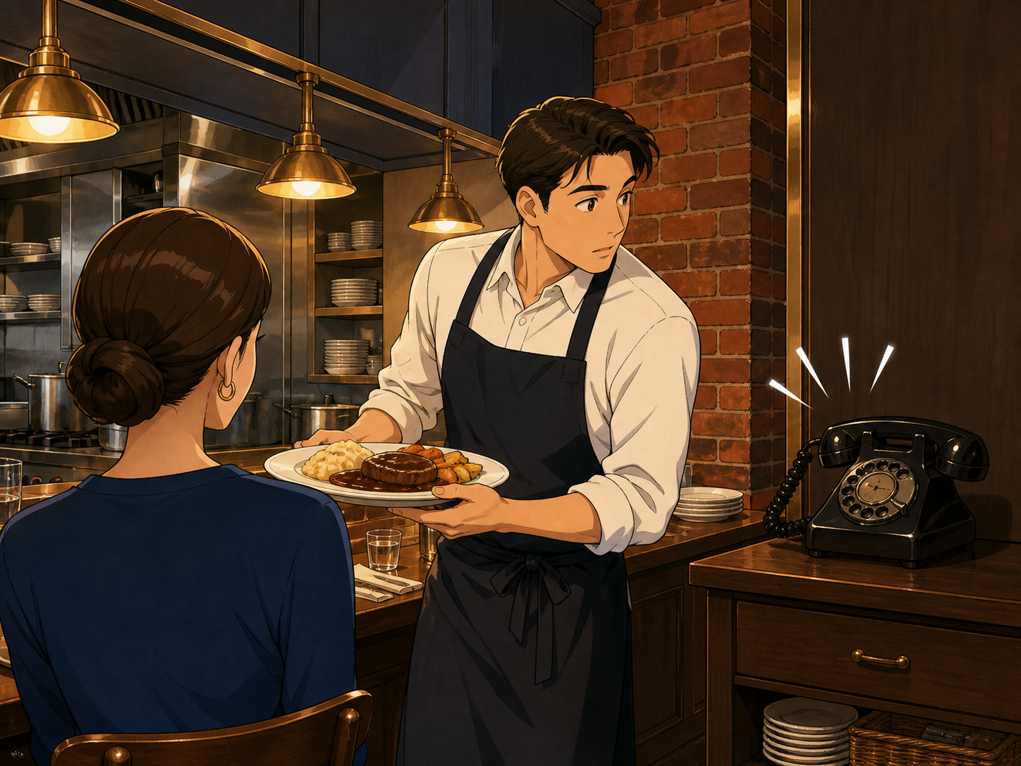 営業中の洋食店で、接客中のスタッフのそばに置かれた電話が鳴っている様子