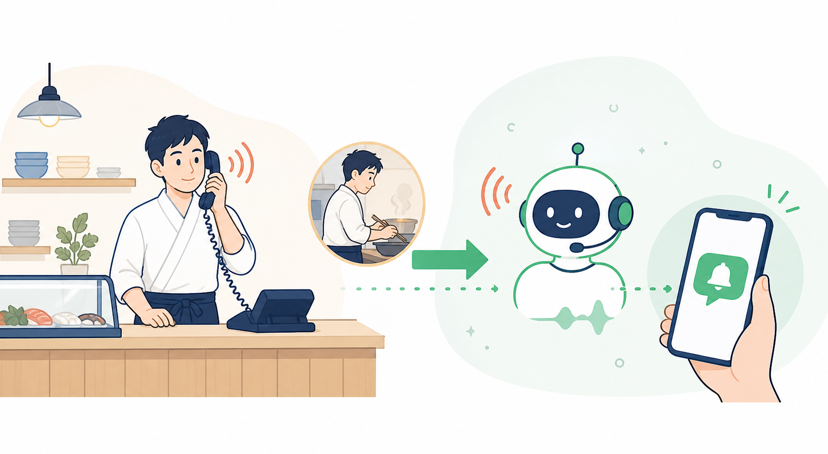 最初の電話は店舗で受け、出られない電話をAIへ転送する運用のイラスト